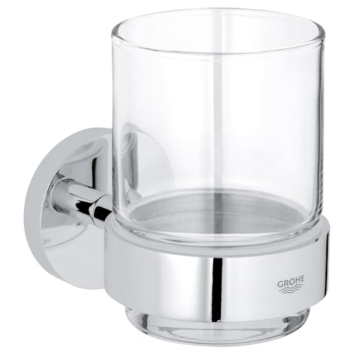 Image of GROHE Essentials Crystal Glass with Holder| Premium Glass & Durable Metal Construction| Chrome Finish | Wall-Mounted | Toothbrush & Accessory Organizer | 2 Year Warranty | 40447001