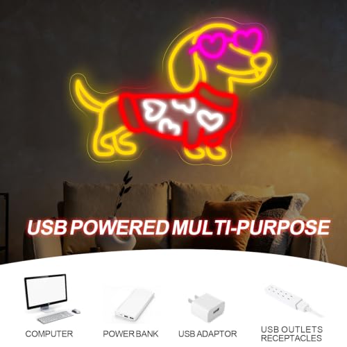 Image of Heart Dog Neon Sign Stylish Dachshund LED Light for Pet Lovers | Pet Room Decor Gift for Dog Mom USB Powered Dimmable Home Wall Room Decoration 16.5 inchx11.8 inch