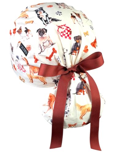 Image of Scrub Cap for Women and Men, Ponytail Scrub Caps, Working Hat, Head Cover with Ribbon Ties and Buttons, Long Hair
