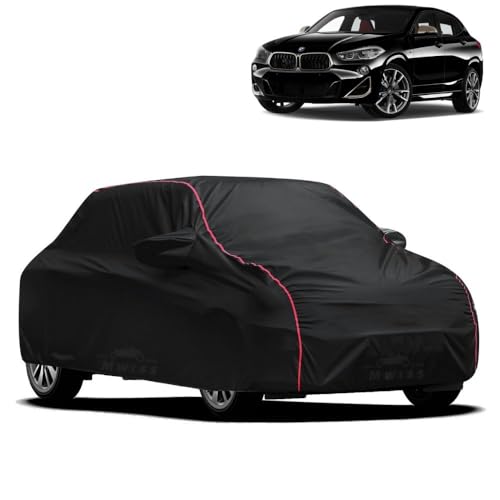 Image of Waterproof Car Cover for BMW X2 | All-Weather Protection, Dustproof & UV Resistant | Triple Stitched Mirror Pockets, Windproof Buckle Strap with Elastic Hem, Black-Red Piping