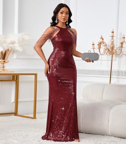 Image of Cololura Women Sexy Elegant Sequin Tassel Off Shoulder Halter Bodycon Maxi Dress Party Evening Gown Formal Dress