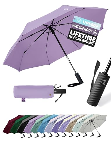 LILAC Windproof Travel Umbrella for Rain - 43 Compact Folding Umbrella Reinforced Strong Frame Lightweight Portable Parasol with UPF 100+ UV Sun Protection Cruise Ship Essentials