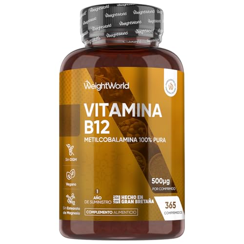 Vitamina B12 500 mcg - 365 Comprimidos de Metilcobalamina B12 Vegana y de Origen Natural - La Vitamina B Contribuye a la Reducción del Cansancio y la Fatiga (EFSA), Sin OGM ni Gluten