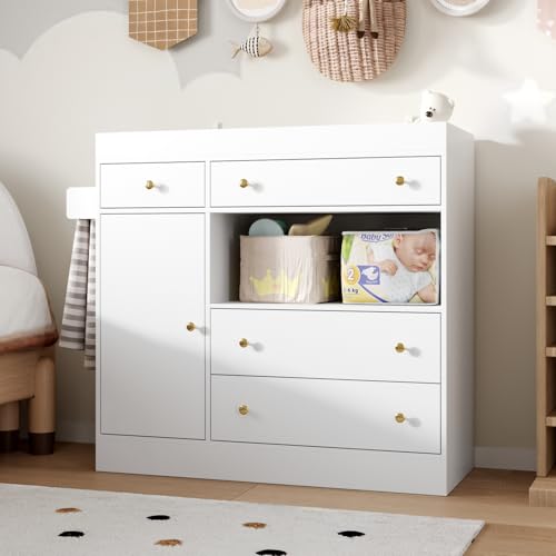 Image of AIEGLE Nursery Dresser with Changing Table Top, Baby Dresser with 4 Drawers and Middle Open Shelf, Diaper Changing Station with Storage, Wooden Chest of Drawers for Kids Bedroom, White