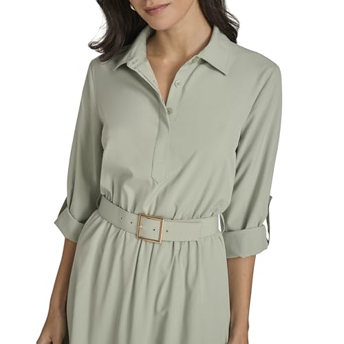 Image of Calvin Klein Women's Long Sleeve Collared Buckle Belted Knee Length Shirtdress