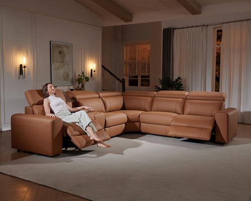 Image of AMERLIFE Power Recliner Sectional Sofa with Storage /USB Port, Leather Recliner Sofa with Adjustable Headrest, Reclining Sectional Couches with Console and Cup Holder for Living Room (Brown, 5-Seater)