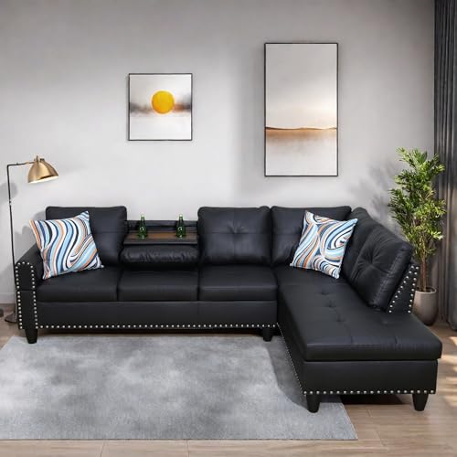 ChicFurnit L Shaped Sectional Couch, Modern Nailhead Lounge Sofa, Modular Sectional Sofa with Reversible Cup Holder & Chaise for Living Room Apartment Office Furniture Sets, Black