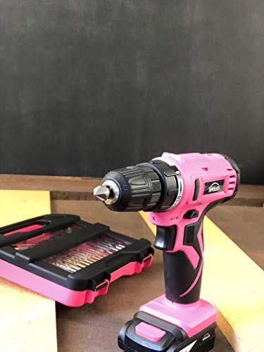 APOLLO TOOLS Powerful Lightweight Pink Cordless Drill, Lithium Ion Battery with 30-Piece Accessory Drill Bit Set - Pink Ribbon - DT4937P