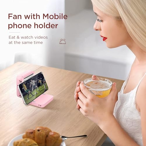 EasyAcc Tischventilator Batteriebetriebener 5000mAh mit Umhängeband,32 Std Tragbarer Ventilator mit Spiegel, 5-Gang-wiederaufladbarer persönlicher Nackenventilator, Powerbank mit Telefonhalterung-Rosa