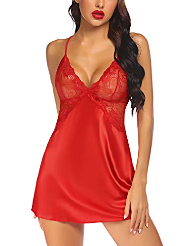 Avidlove Women Lingerie Satin Lace Chemise Nightgown Sexy Full Slips Sleepwear Scarlet L