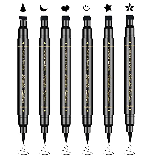 Ownest 6 Pcs Liquid Eyeliner Set,Double-Side Eyeliner Stamp Pen Eyeliner Tattoo Tool Waterproof Smudge-Proof Eyeliner Stamp Makeup-Smiley, Triangle,Heart,Star,Moon,Flower #TOP8