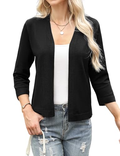 Aottori Boléro Femme Chic et Élégant Tricot Gilet Court Cardigan Manches 3/4 Veste Top pour Robe Mariage Bretelle Soirée Fête Décontracté Noir L