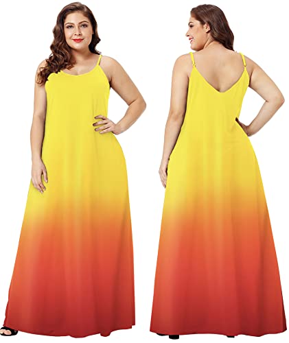 Wolddress Womens 2023 Casual Sleeveless Sundress Plus Size Loose Plain Long Summer Beach Maxi Dress With Pockets Gradient-Yellow Orange L #TOP1