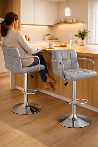 Image of NGFC Adjustable Bar Stool, Grey Leather Office Chair with Chrome Base, Quilted Cushion, Swivel Desk Chair with Armrests