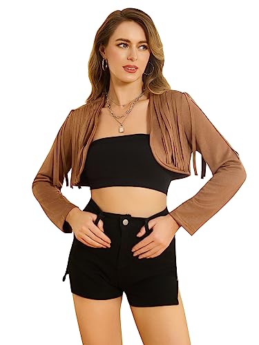 WDIRARA Women's Fringe Trim Suede Long Sleeve Open Front Lightweight Cropped Jacket