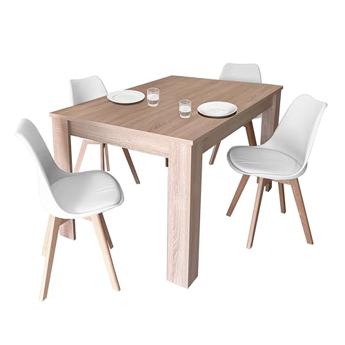 Conjunto Mesa Extensible con 4 Sillas en Color Roble Canadian y Blanco