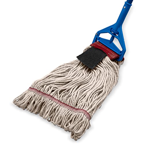 Image of SPARTA Flo-Pac Mop Head Loop-Ended, Wide Band with 5 inch Red Band with Scrubber for Organized Cleaning, Large, Natural, (Pack of 12)