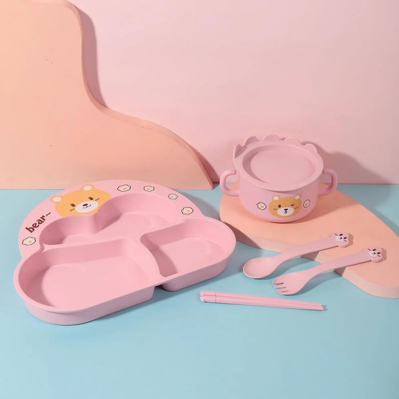 Cute Kids Dinner Set, 5-Piece BPA-Free Feeding Set with Plate, Bowl, Cup, Spoon & Fork, Microwave Safe, Unbreakable Toddler Tableware for Boys & Girls (Bubu Bear)-image-40
