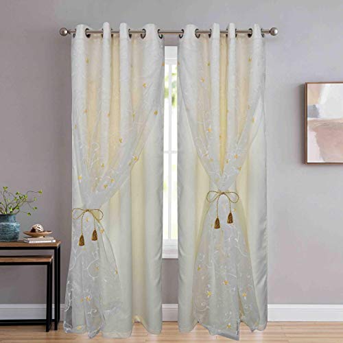 Image of Polyester Embroidered Double Door Cutrtain Pack of 2(7 Feet, Pearl White Embroidery + Ivory Blackout)