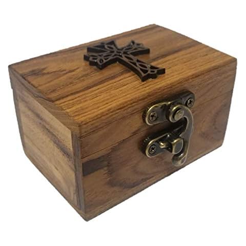 RK Collections Cross Rosary Box Made of Teak Wood | First Communion Jewelry Box | Trinket Box for Rosary Beads, Keepsakes, Small Jewelry and Mememtos Cover