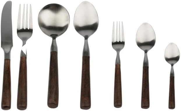 シルバーウェアフラットウェアカトラリーセット、4/16/24/32/40/48ピース木製ハンドルラウンドソリッドウッドハンドルマット