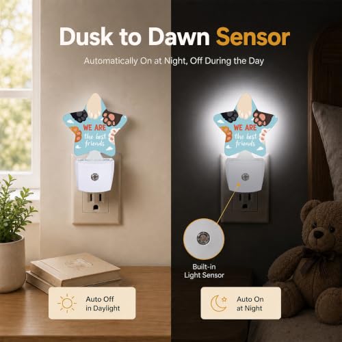 Image of Star Night Light with Dusk to Dawn Sensor, Cat Paw Friends Plug in Night Light for Kids Bedroom Nursery, Soft Warm Glow Lamp for Hallway Bathroom Energy Saving
