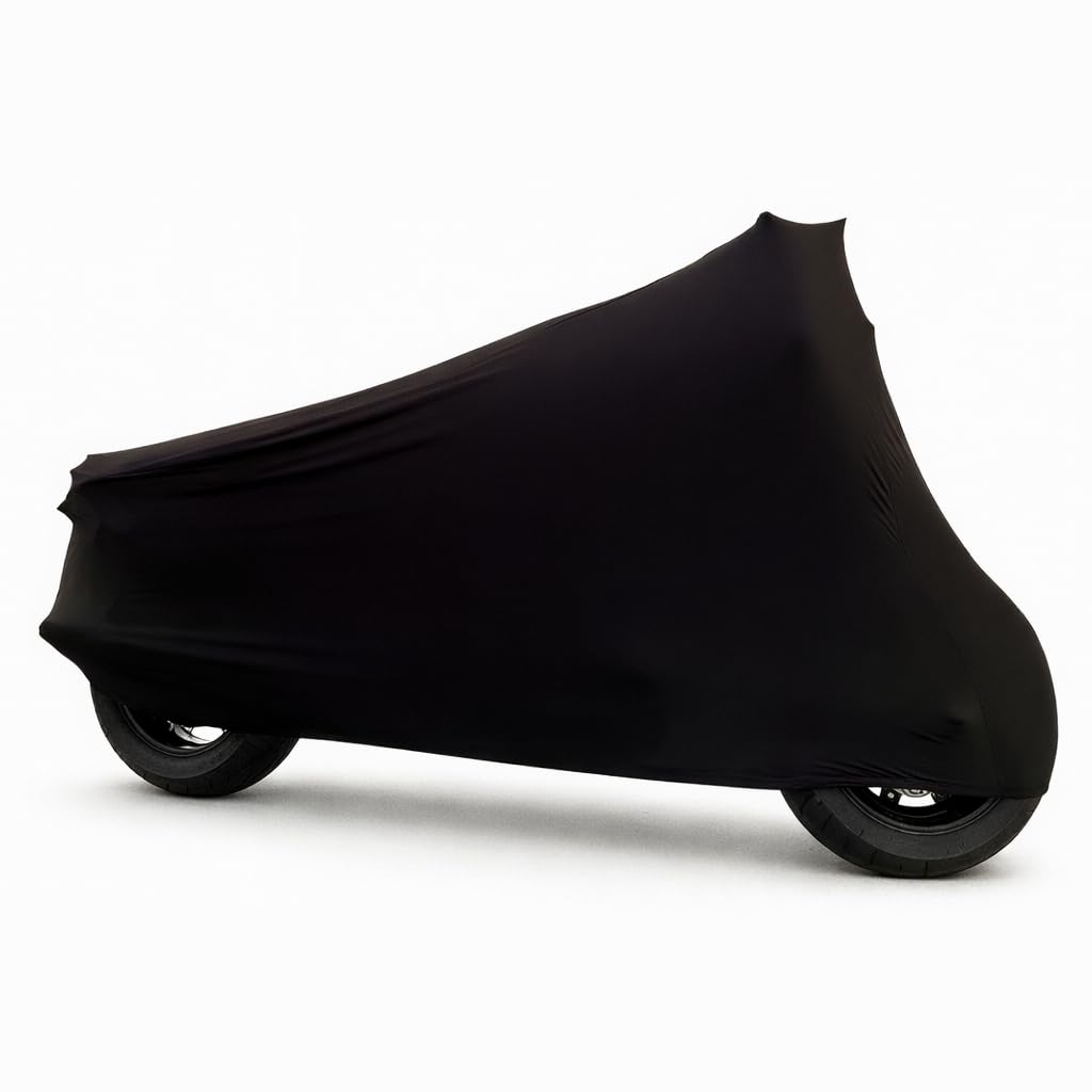 Indoor Premium Motorrad Abdeckung, unsere formanpassende Motorradplane Perfect Stretch, eine Schutzhülle für innen, Abdeckplane in 3 Farben & 3 Größen (Schwarz, XS-S)