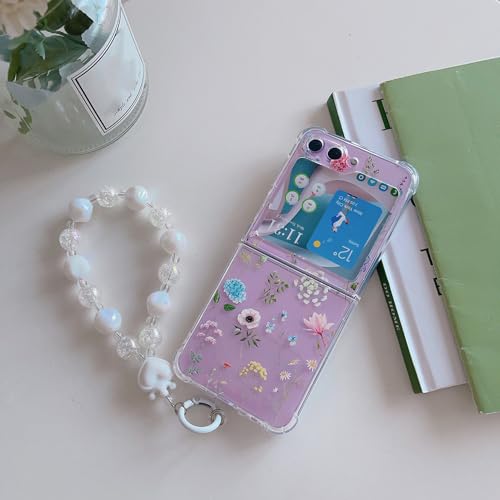 Coque silicone Galaxy Z Flip 5 transparente avec bracelet floral antichoc