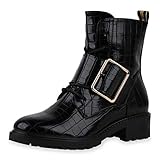  SCARPE VITA Damen Schnürstiefeletten Leicht Gefüttert Kroko-Optik Stiefeletten Schnallen Blockabsatz Schuhe Stiefel 197139 Schwarz Kroko 37