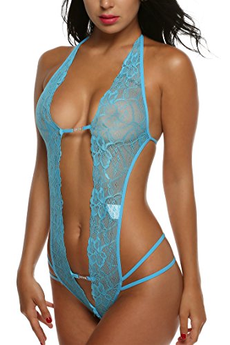 Avidlove Women V-Neck Teddy Lace Lingerie Stretchy Sleepwear Mini Babydoll Bodysuit Blue Medium