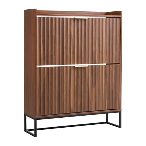 VEVOR Meuble à Chaussures avec 2 tiroirs rabattables, Armoire de Rangement cannelé à Chaussures de Style Milieu de siècle avec Dispositif Anti-basculement,...