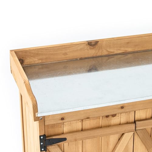 Takuka Outdoor Wooden Potting Bench With Wheel Double Doors & Metal Tabletop thumb #3