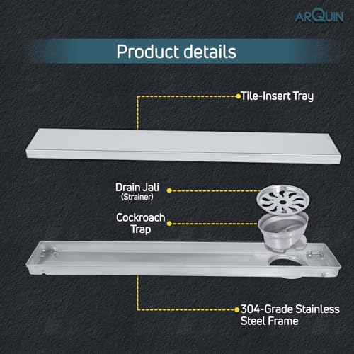 Image of ARQUIN Tile Insert Shower Drain Channel 24x4 Inch Bathroom Tile Insert Drain | 304 Grade Stainless Steel Waste Water Marble Floor Drain Channel with Cockroach Trap (1mm Thickness)