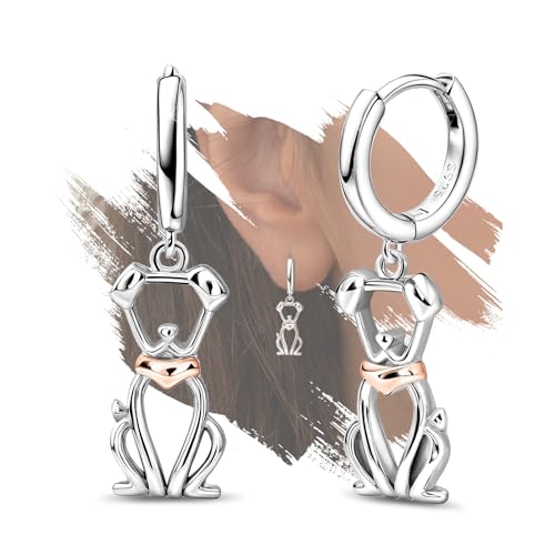 Dog Earrings for Teens Girls Women - Sterling Silver Cute Animal Hypoallergenic Cubic Zirconia Hoops for Sensitive Ears - Lovely Lightweight Loops - Birthday Gifts