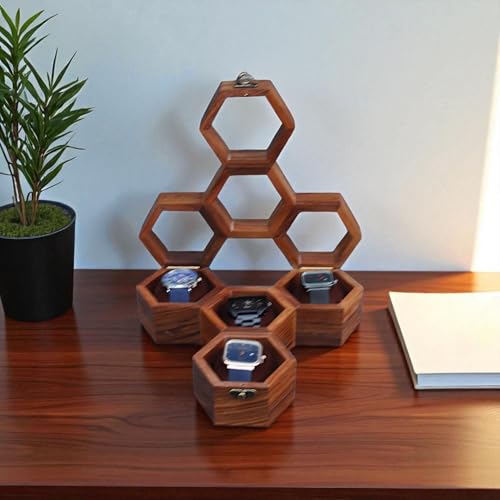 Image of Vintage Wooden Watch Box for Men, Timepiece Display Case, Honeycomb Watch Storage & Organizer, Jewlery Box for Women, Anniversary Gift For Husband (4 Compartments)