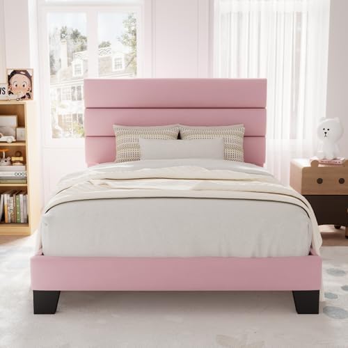 Allewie Twin Size Platform Bed Frame with Velvet Upholstered Head...
