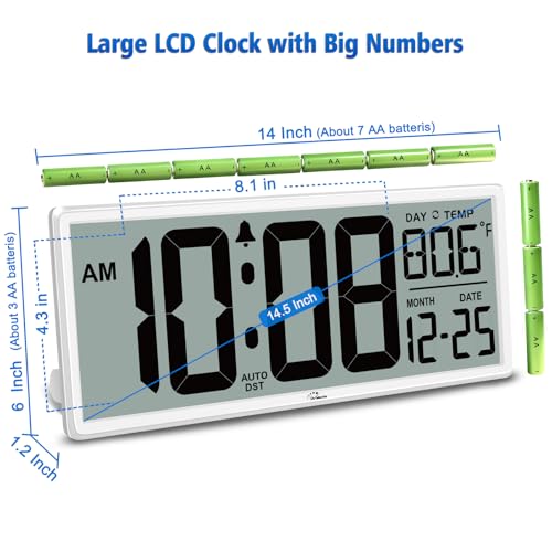 WallarGe 14.5'' Large Digital Wall Clock Battery Operated with Jumbo Numbers, Temperature and Date - Easy to Read and Set, Auto DST