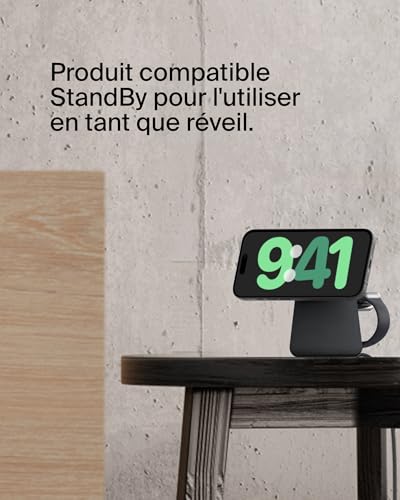 Belkin BoostCharge Pro Station de Recharge 2-en-1 avec Qi2, 15 W, Compatible MagSafe, pour iPhone 17, iPhone Air, Pixelsnap, Apple Watch, AirPods, Adaptateur Secteur Inclus - Noir