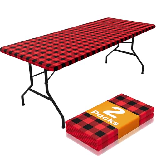 Smiry Picnic Table Cloth 2 Pack, Waterproof Elastic Fitted Tablecloths for 8FT Rectangle Tables, Washable Polyester Buffalo Plaid Tablecloth for Camping, Dining & Outdoor (Black & Red, 30" x 96")