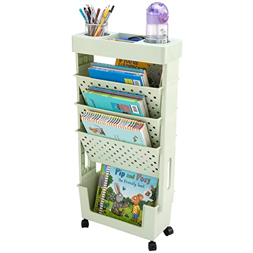 CINPIUK Rolling Office Paper Organizer Mobile Book Cart Document Folder File Storage with Pen Holder Slim Rolling Storage Cart Movable Bookshelf for Office Dorm Classroom Nursery Green
