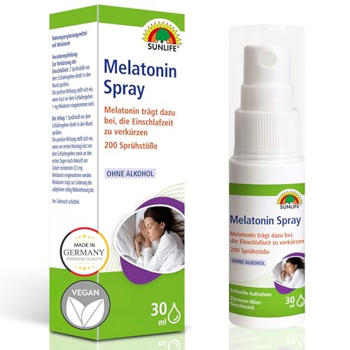 SUNLIFE Melatonin Spray Hochdosiert I Veganes Schlafspray Für Erwachsene I Schneller Einschlafen & Besser Durchschlafen I Effektive Einschlafhilfe Gegen Jetlag I Ergiebig Mit 200 Sprühstößen