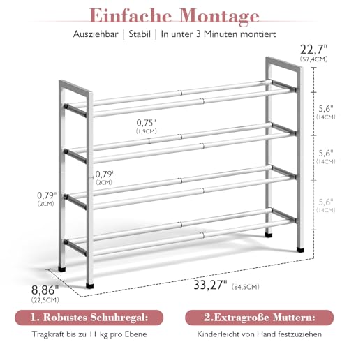 Image of Bumusty 4-Tier Expandable Shoe Rack for Closet, 18 inch-33 inch Adjustable Shoe Rack for Small Space, Small Shoe Organizer for Front Door, Sturdy Metal, White