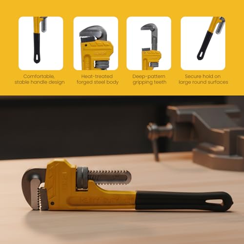 Image of Heavy Duty 12 In Pipe Wrench | Forged Carbon Steel With Cr-Mb Jaw | Precise Clamping Teeth Design For Strong Grip |TPR Soft Grip Handle | Max Pipe Size 1-3 /4 inch, Plumbing, Home and Professionals
