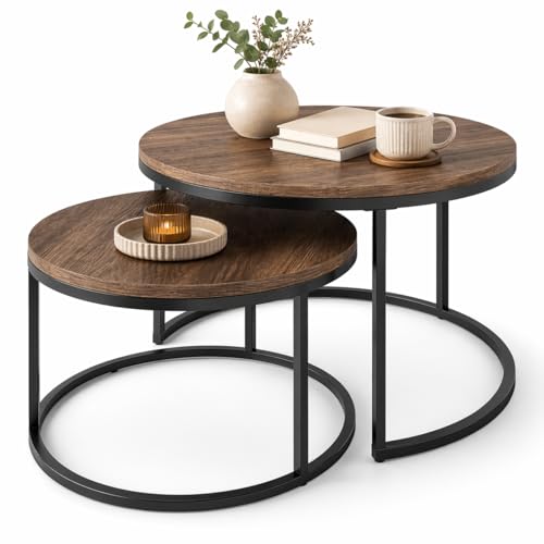 SKY-TOUCH Round Coffee Table Set of 2 Multi-functional Side Table Nesting Table with Steel Frame and Wooden Top for Living Room Bedroom Balcony Dark Walnut Easy Assembly 80x45cm & 60x35cm