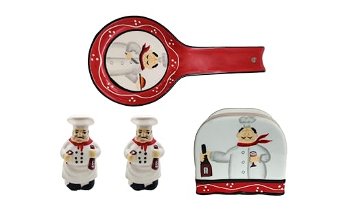 ACK Tuscany Colorful Plump Bistro Chef Hand Painted 4PCs Table/Stove Top Set, Pepper/Salt Shakers,Napkin Holder and Spoon Rest, Kitchen Décor