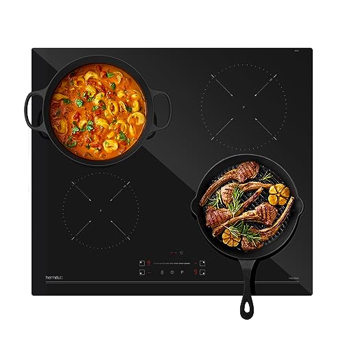 Hermitlux Placa de inducción 60cm, vitrocerámica encastre con 4 zonas de cocción, 9 niveles de potencia, apta para ollas de hierro y acero inoxidable, 7400W
