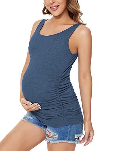 Ecavus Women's Maternity Tank Top Basic Scoop Neck Sleeveless Pregnancy T-Shirt Side Ruched Vest #TOP4