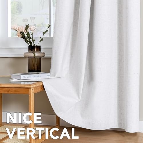 Image of H.VERSAILTEX Linen Curtains 100% Blackout Curtains for Bedroom 120 inch Long Full Light Blocking Nature Linen Blended Window Curtains for Living Room Nickel Grommet (2 Panels, Heathered White)