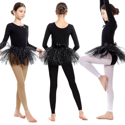 3 Pairs School Girl's Footed and Footless Ballet Dance Tights Age(2-16),Black White Nude2