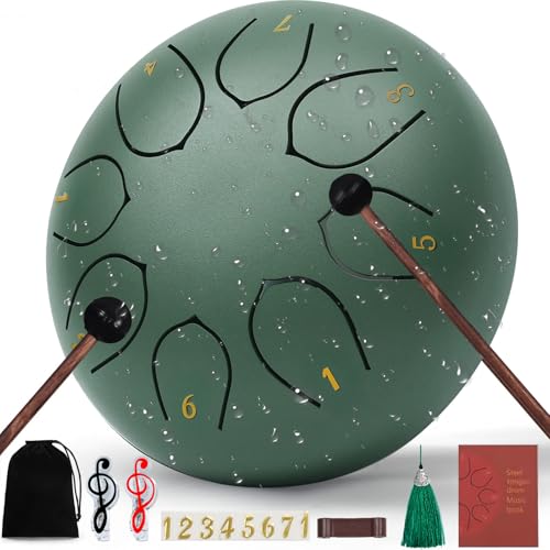 Rain Drum for Outside Garden6 Inches 8 Notes Steel Tongue Chakra Drums Waterproof Meditation Rain Chime Musical Instruments for Gift with Bag Drum Mallets Music Book (Green)